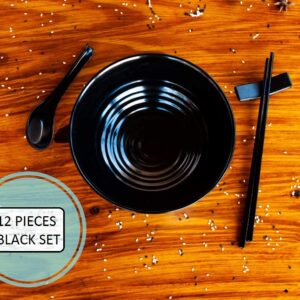 12 Pieces Ramen Set: 4 Black Spoons, 4 Chopsticks And 4 Stand rest. Asian Soup Spoons. Unbreakable Melamine Made. Perfect For Japanese And Chinese Food: Ramen, Wonton, Sushi, Miso, Rice, Pho Soup.