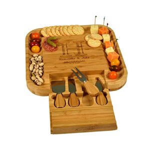 custom personalized engraved bamboo cheese/charcuterie cutting board with knife set & cheese markers- designed & quality checked in usa