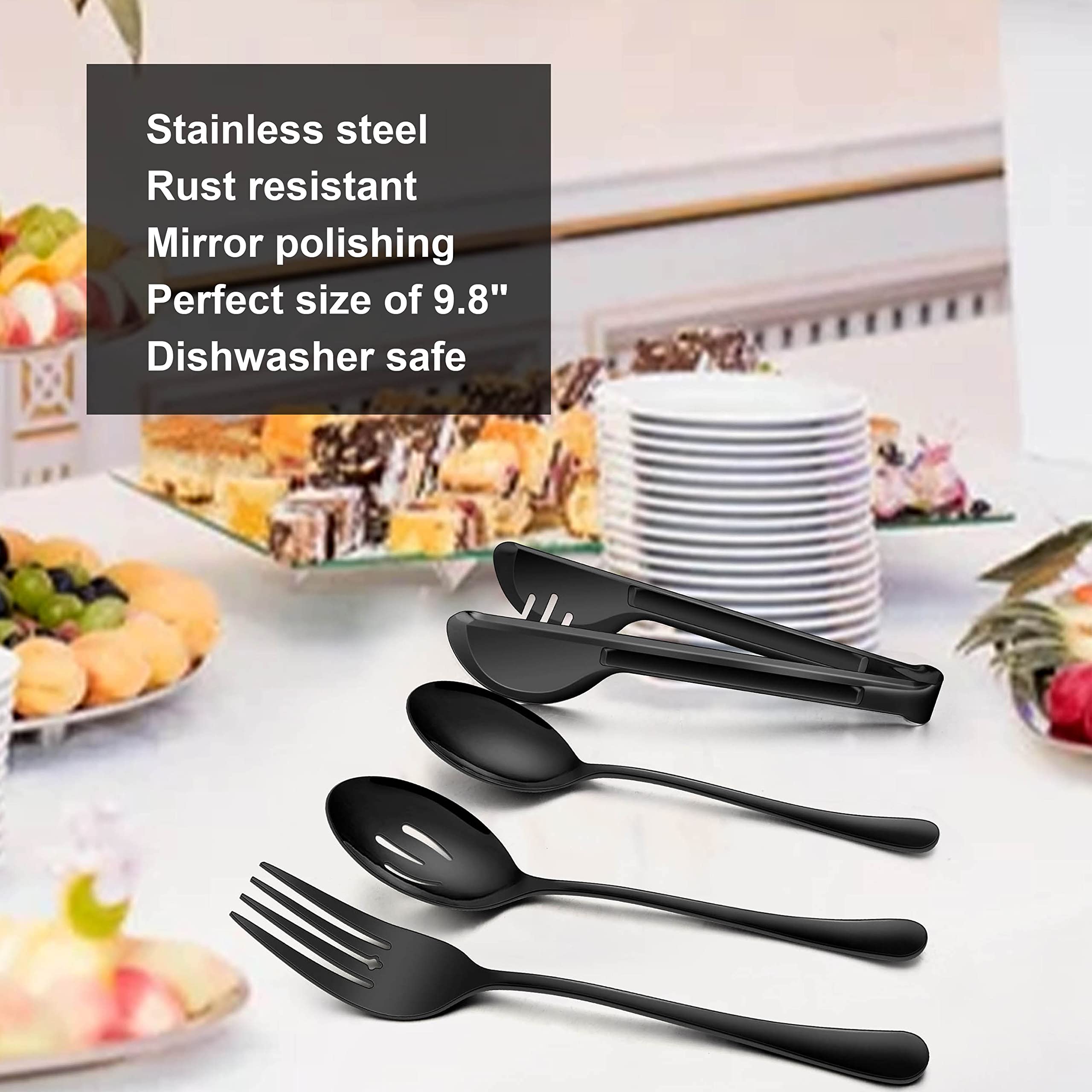 Homikit 8-Piece Stainless Steel Large Serving Spoons, Slotted Serving Spoons, Serving Forks, Serving Tongs, Black Metal Catering Banquet Buffet Party Serving Utensils, Mirror Polished, Dishwasher Safe