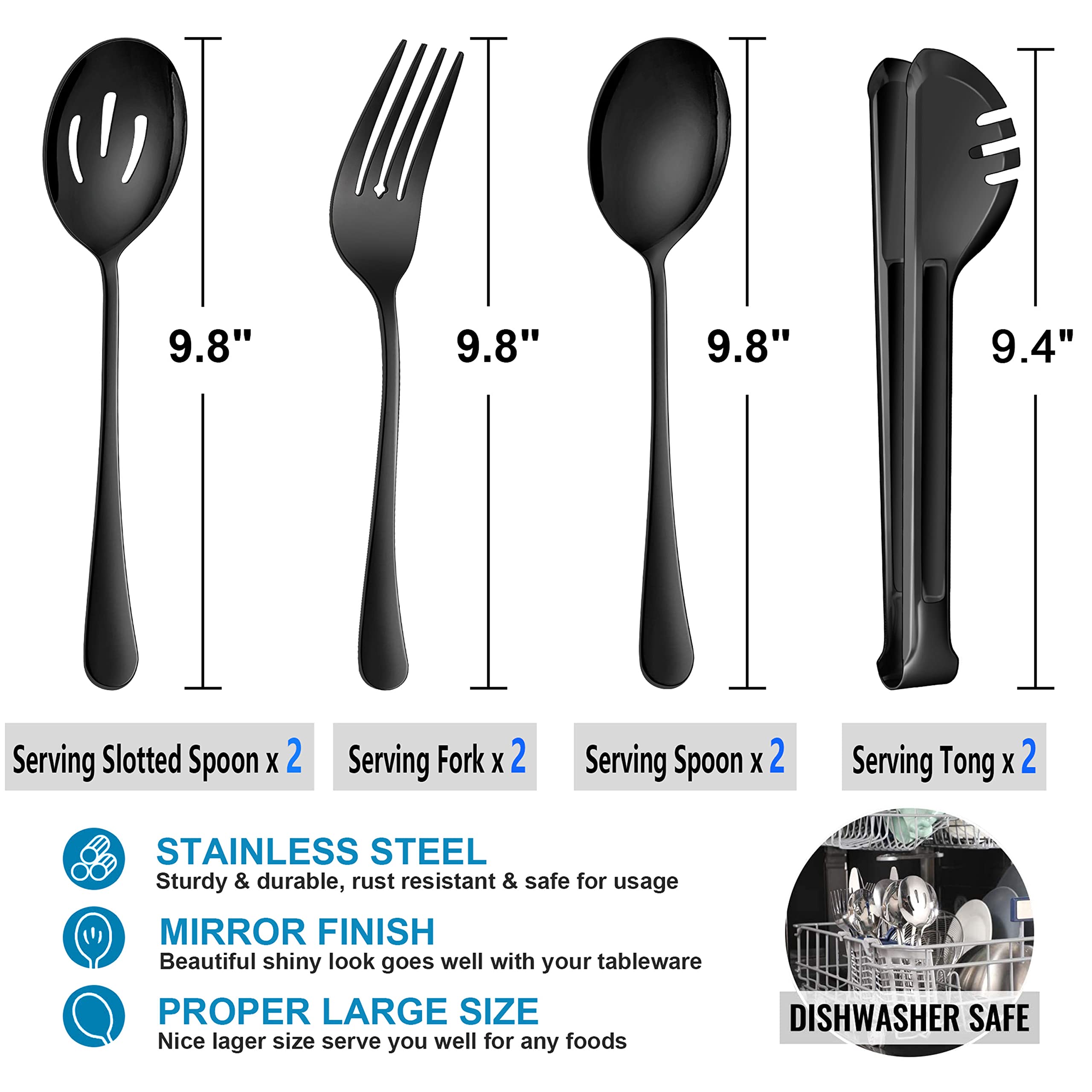 Homikit 8-Piece Stainless Steel Large Serving Spoons, Slotted Serving Spoons, Serving Forks, Serving Tongs, Black Metal Catering Banquet Buffet Party Serving Utensils, Mirror Polished, Dishwasher Safe