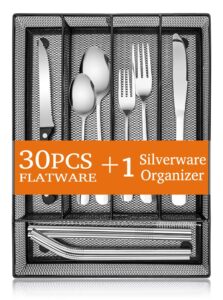 e-far 31-piece silverware set, stainless steel flatware cutlery set service for 4 with mesh utensil drawer organizer, include forks/spoons/knives/steak knives/straws, mirror polish & dishwasher safe