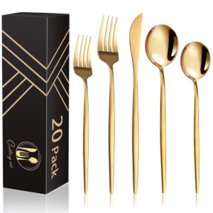 iferrens 20-piece gold silverware set for 4, titanium golden stainless steel flatware set, golden cutlery set for home and restaurant, daily utensil, mirror polished, dishwasher safe, serving for 4