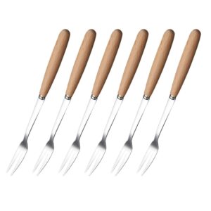 deekoudt 6 pcs wooden handle stainless steel two prong forks fruit cake appetizer forks