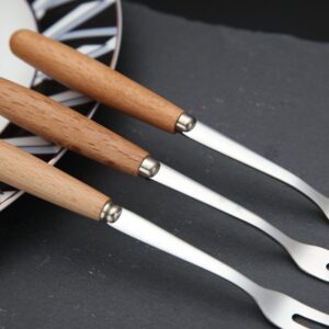 DEEKOUDT 6 Pcs Wooden Handle Stainless Steel Two Prong Forks Fruit Cake Appetizer Forks