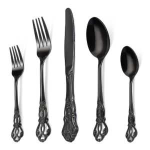 retro royal 20 pieces stainless steel silverware set,anti-rust flatware cutlery set for 4,luxury kitchen utensil tableware set include fork spoon knife,mirror polished dishwasher safe,black