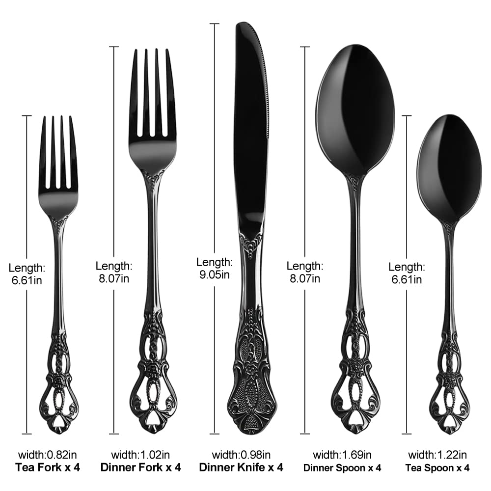 Retro Royal 20 Pieces Stainless Steel Silverware Set,Anti-rust Flatware Cutlery Set for 4,Luxury Kitchen Utensil Tableware Set Include Fork Spoon Knife,Mirror Polished Dishwasher Safe,Black