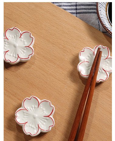 CHOOLD Elegant Cherry Blossom Ceramic Chopsticks Rest Rack Dinner Spoon Stand Knife Fork Holder,Sakura Chopsticks Stand(Set of 6)