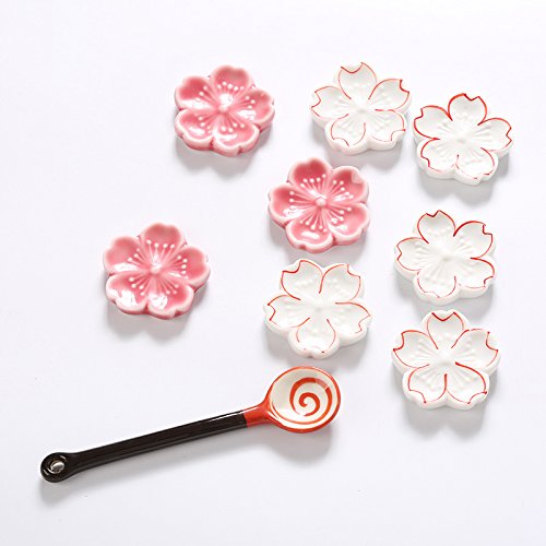 CHOOLD Elegant Cherry Blossom Ceramic Chopsticks Rest Rack Dinner Spoon Stand Knife Fork Holder,Sakura Chopsticks Stand(Set of 6)