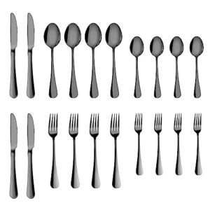 black silverware set, 20 pieces stainless steel flatware set of 4, mirror polished cutlery set for home kitchen, premium tableware utensil set, 4 set of knife spoon fork, dishwasher safe