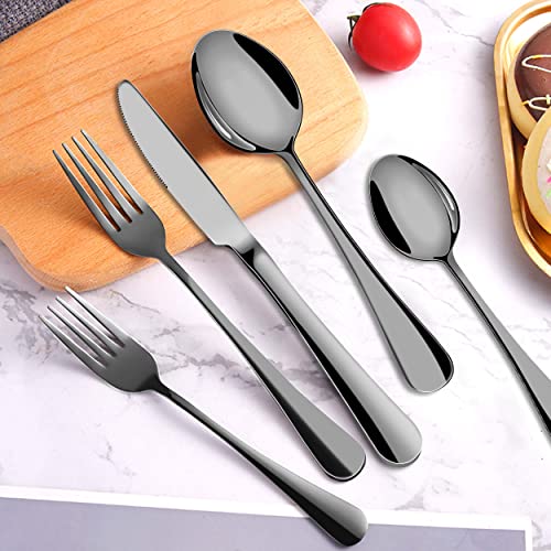 Black Silverware Set, 20 Pieces Stainless Steel Flatware Set of 4, Mirror Polished Cutlery Set for Home Kitchen, Premium Tableware Utensil Set, 4 Set of Knife Spoon Fork, Dishwasher Safe