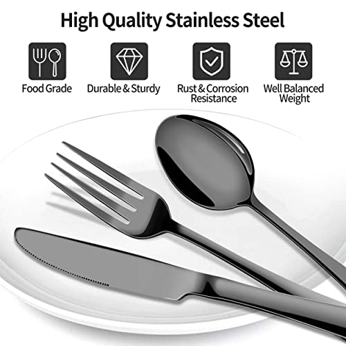 Black Silverware Set, 20 Pieces Stainless Steel Flatware Set of 4, Mirror Polished Cutlery Set for Home Kitchen, Premium Tableware Utensil Set, 4 Set of Knife Spoon Fork, Dishwasher Safe