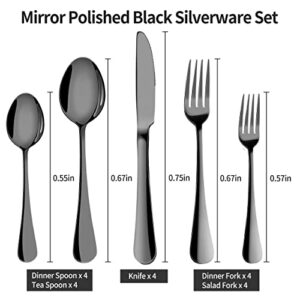 Black Silverware Set, 20 Pieces Stainless Steel Flatware Set of 4, Mirror Polished Cutlery Set for Home Kitchen, Premium Tableware Utensil Set, 4 Set of Knife Spoon Fork, Dishwasher Safe
