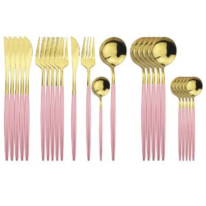 uniturcky gold silverware set, 24-piece stainless steel flatware set service for 6, mirror polished pink handle tableware cutlery set knife fork and spoon for home & restaurant, dishwasher safe
