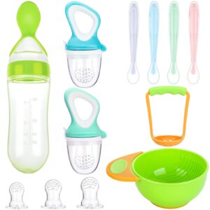 11 pcs baby spoons first stage fresh food fruit feeder with 3 different sized silicone pacifiers, mash and serve bowl with 4 soft tip silicone infant spoons pacifier for fruit teething feeding set