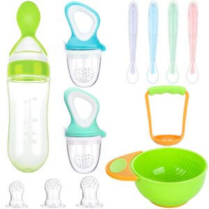 11 Pcs Baby Spoons First Stage Fresh Food Fruit Feeder with 3 Different Sized Silicone Pacifiers, Mash and Serve Bowl with 4 Soft Tip Silicone Infant Spoons Pacifier for Fruit Teething Feeding Set