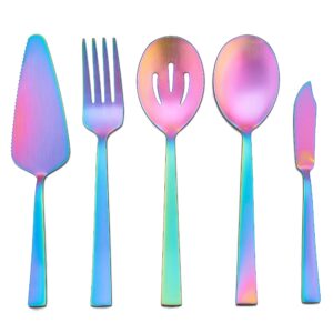 herogo 5-piece matte rainbow stainless steel serving utensils set, metal square hostess serving set for catering banquet buffet party camping kitchen restaurant, dishwasher safe