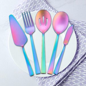 Herogo 5-Piece Matte Rainbow Stainless Steel Serving Utensils Set, Metal Square Hostess Serving Set for Catering Banquet Buffet Party Camping Kitchen Restaurant, Dishwasher Safe