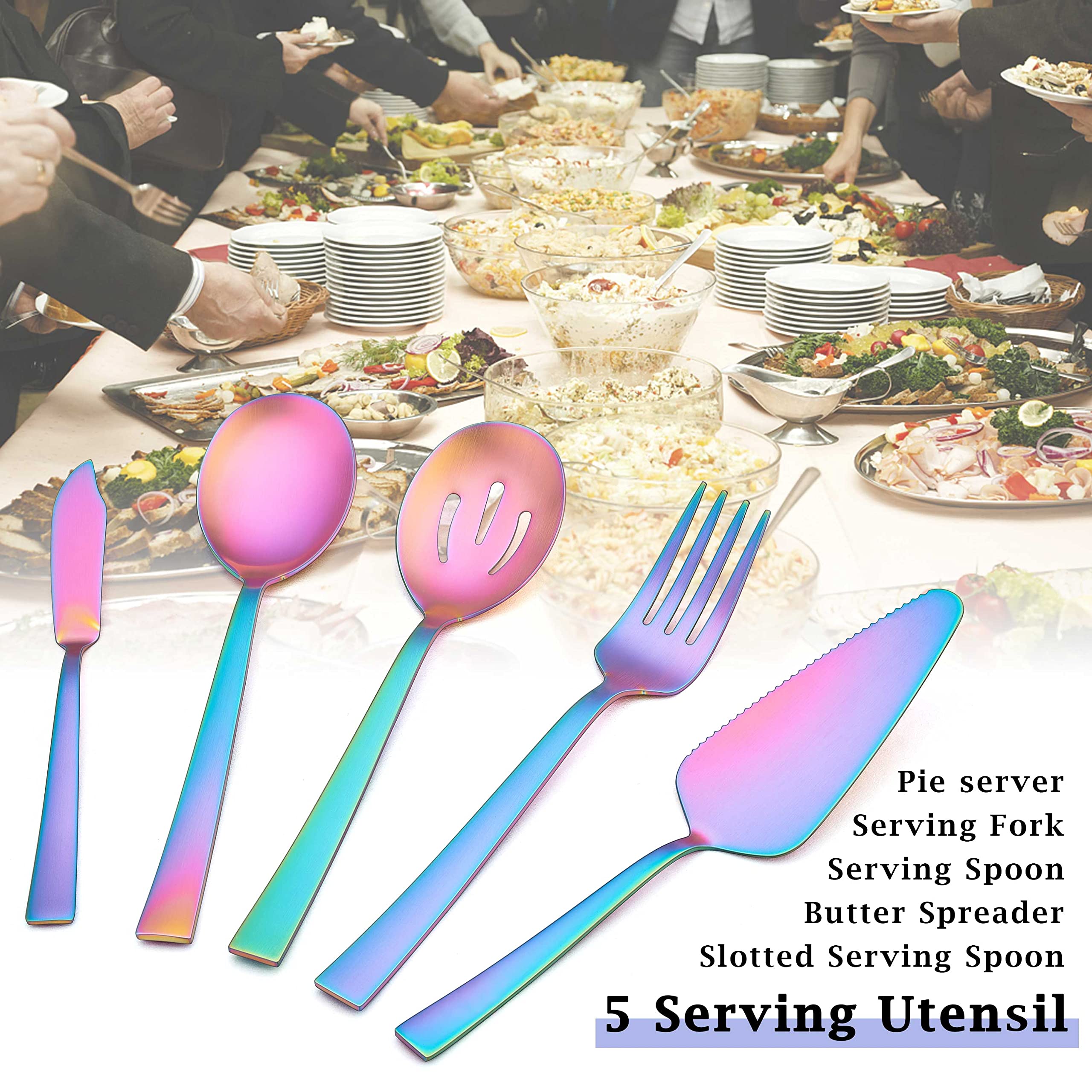 Herogo 5-Piece Matte Rainbow Stainless Steel Serving Utensils Set, Metal Square Hostess Serving Set for Catering Banquet Buffet Party Camping Kitchen Restaurant, Dishwasher Safe