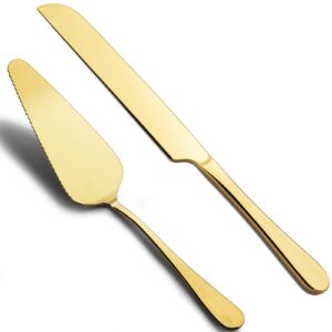 mamajardin cake cutting set for wedding - elegant knife and server set with stainless steel rounded edges, cake cutter pie spatula birthday anniversary easter mother's day gifts of 2, gold