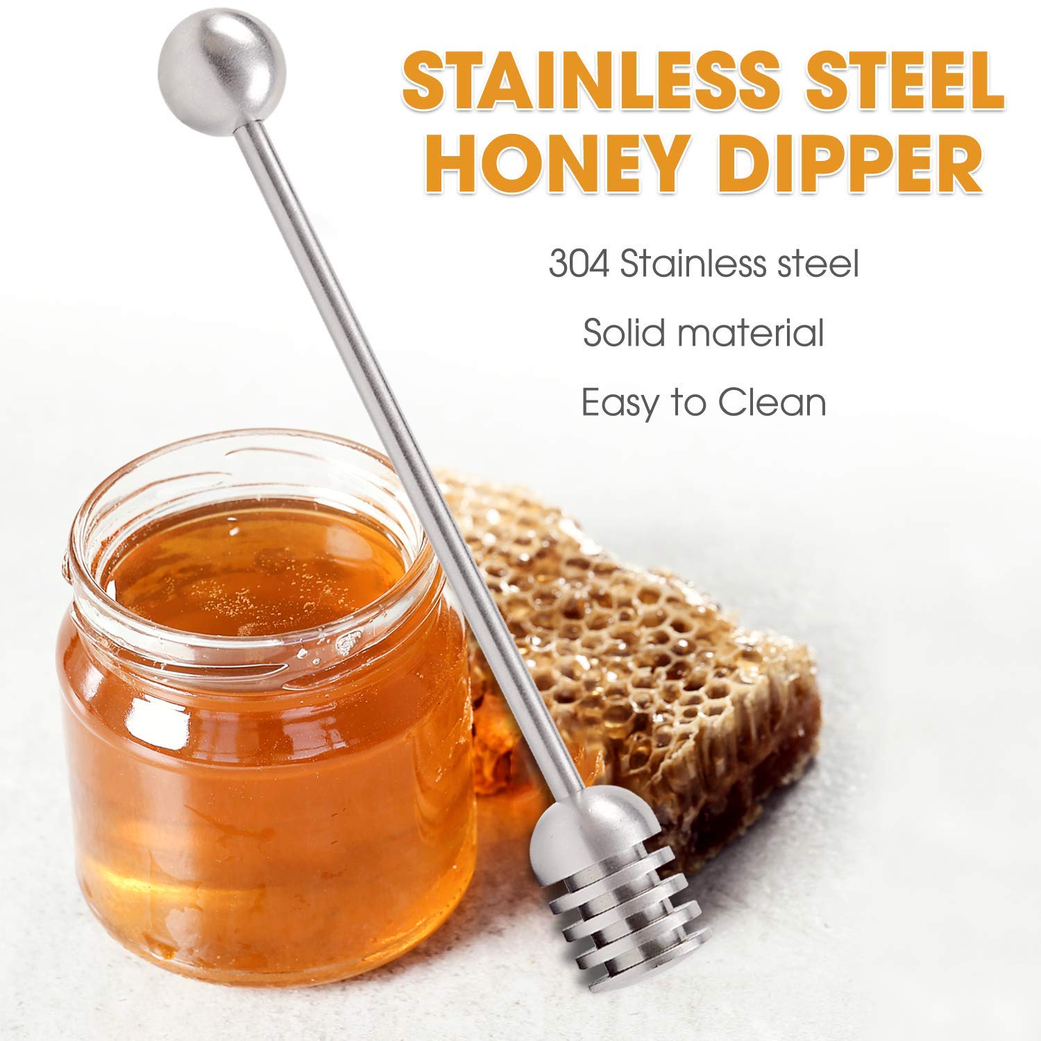 DUGATO Honey and Syrup Dippers, 2pcs 6.3 Inch 304 Stainless Steel Honeycomb Stick Spoon Stirrer Server for Honey Pot Jar Containers (Silver)