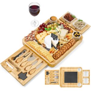 secura large charcuterie, bamboo cheese board and cutlery knife set for wine meat cheese platter slate board unique gift for housewarming, wedding