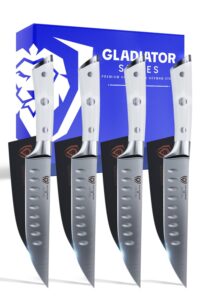 dalstrong steak knife set - 4-5" straight blade edge - gladiator series - forged german high-carbon steel - w/sheaths - glacial white abs handle - dinner set kitchen knives