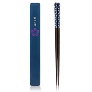 top grade japanese natural wood chopsticks, 1 pair with case, reusable classic style, value gift set(blue)