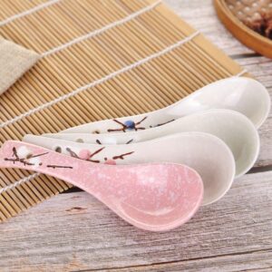 VanEnjoy Set of 4 Chinese/Japanese Ceramic Soup Spoons, Pink Cherry Blossom in Snow Pattern Ceramic Spoon Suitable for Soup