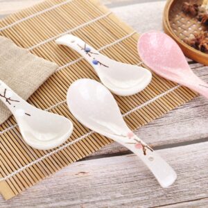 VanEnjoy Set of 4 Chinese/Japanese Ceramic Soup Spoons, Pink Cherry Blossom in Snow Pattern Ceramic Spoon Suitable for Soup