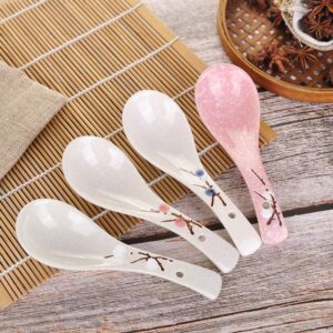 VanEnjoy Set of 4 Chinese/Japanese Ceramic Soup Spoons, Pink Cherry Blossom in Snow Pattern Ceramic Spoon Suitable for Soup