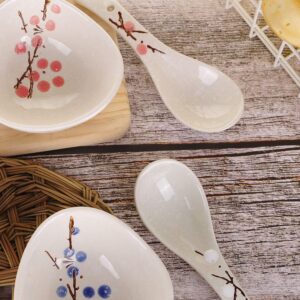 VanEnjoy Set of 4 Chinese/Japanese Ceramic Soup Spoons, Pink Cherry Blossom in Snow Pattern Ceramic Spoon Suitable for Soup