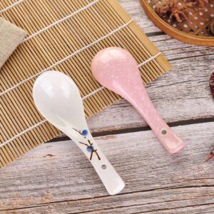 VanEnjoy Set of 4 Chinese/Japanese Ceramic Soup Spoons, Pink Cherry Blossom in Snow Pattern Ceramic Spoon Suitable for Soup