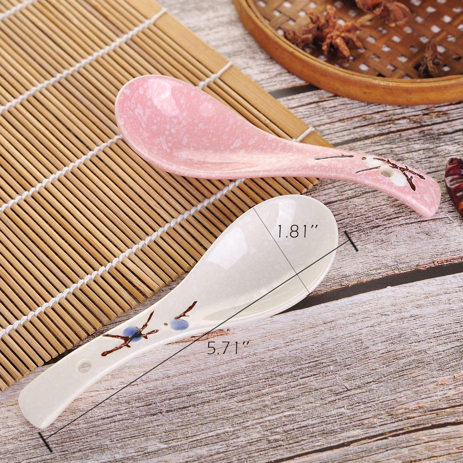 VanEnjoy Set of 4 Chinese/Japanese Ceramic Soup Spoons, Pink Cherry Blossom in Snow Pattern Ceramic Spoon Suitable for Soup