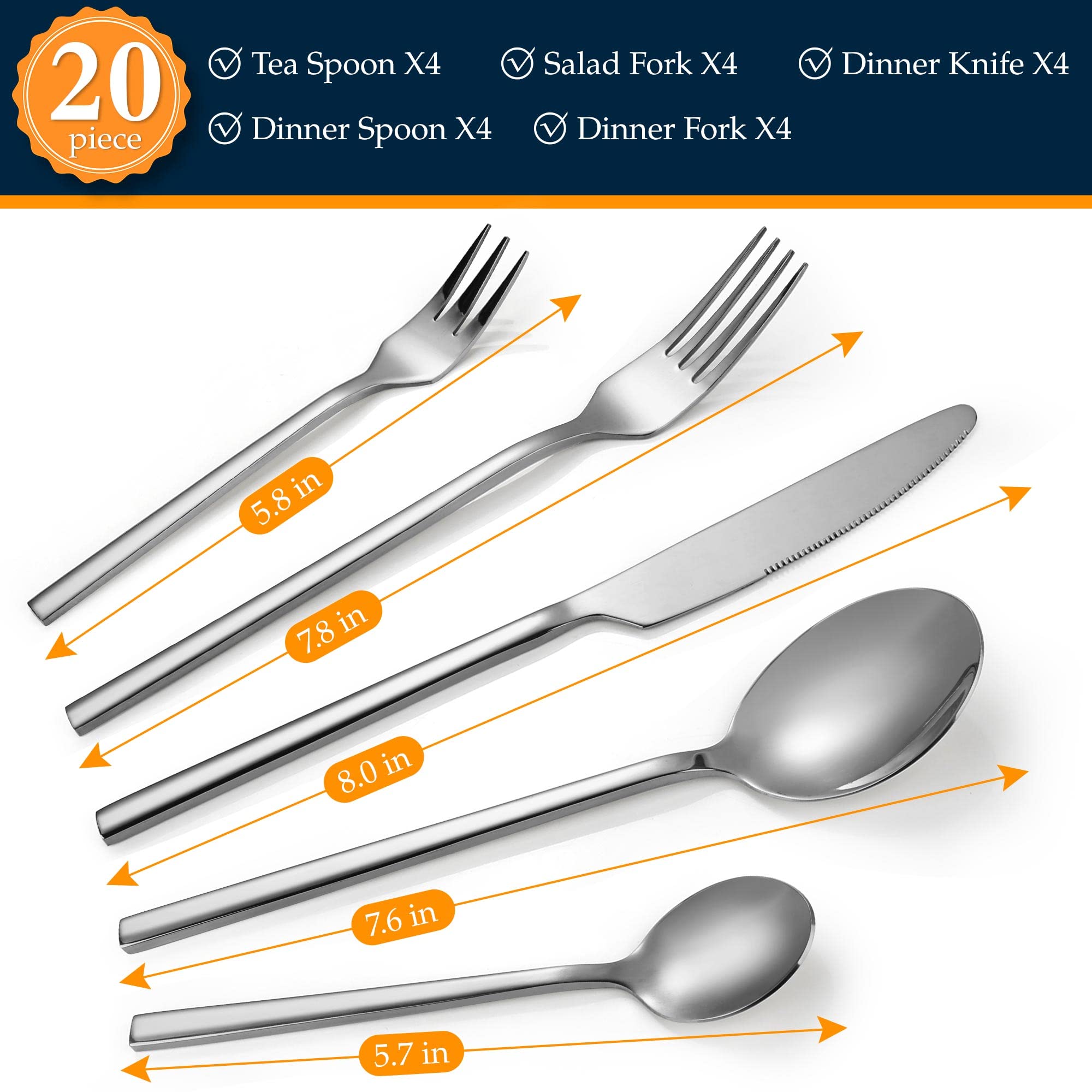 20-Piece Elegant Silverware Cutlery Set, Stainless Steel Utensils Service for 4, Mirror Polished and Dishwasher Safe