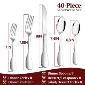 40-Piece Silverware Set for 8, E-far Stainless Steel Flatware Cutlery Set with Design Handle, Modern Metal Tableware Eating Utensils for Kitchen Restaurant Wedding, Mirror Polish & Dishwasher Safe