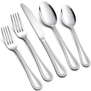 e-far 60-piece silverware set for 12, stainless steel flatware cutlery set with pearled edge, include forks spoons and knives, modern tableware eating utensils for kitchen restaurant, dishwasher safe