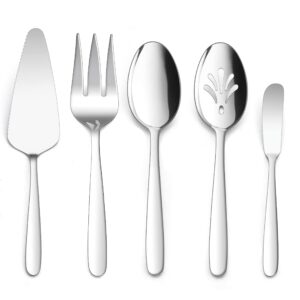 heavy duty serving utensils, e-far 5-piece stainless steel serving spoons, slotted serving spoon, serving fork, butter spreader, pie server for party buffet catering, mirror finish & dishwasher safe