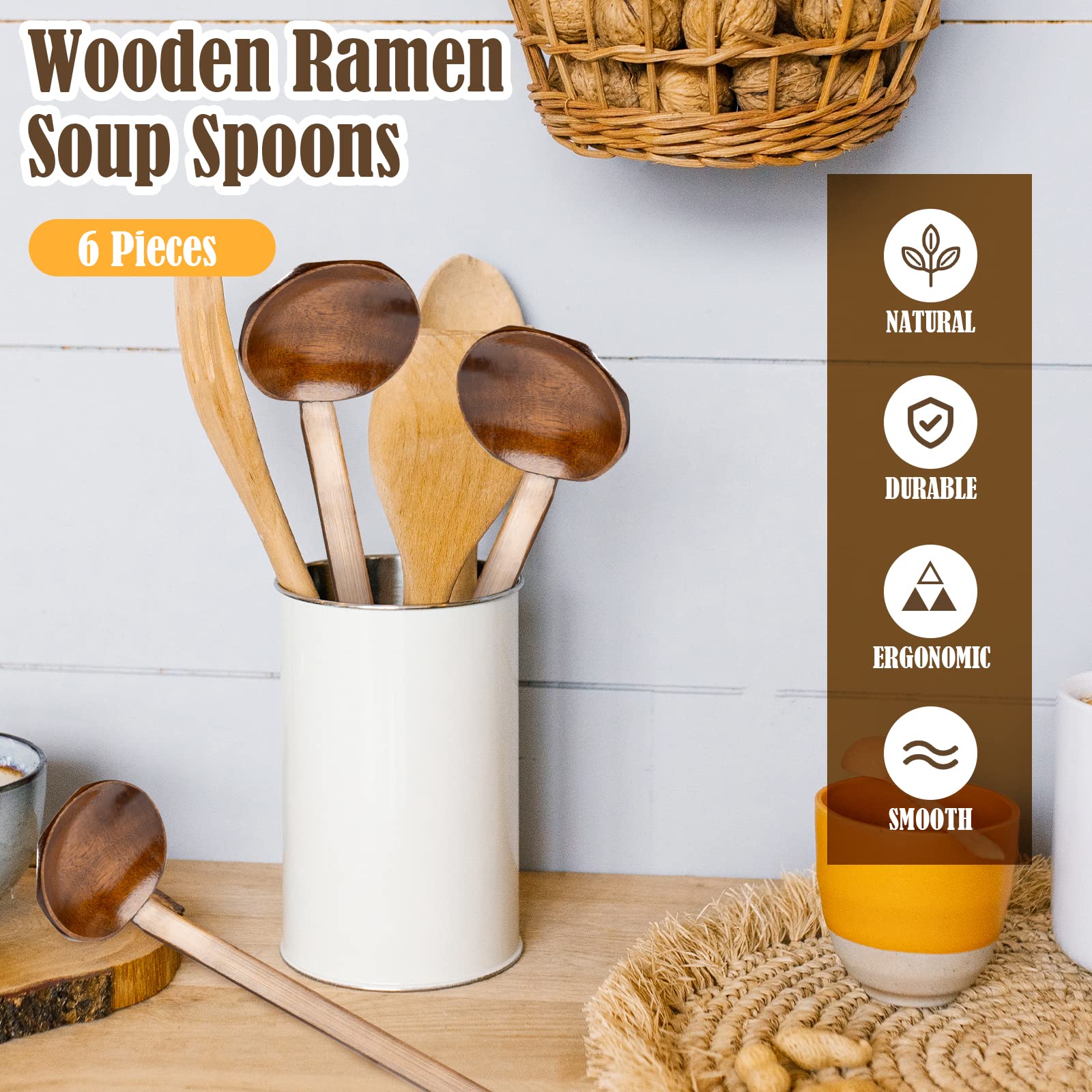 ORYOUGO 6 Pieces Handcrafted Wooden Ramen Soup Spoon with Long Handle Home Tableware Kitchen Utensils, 8.6in