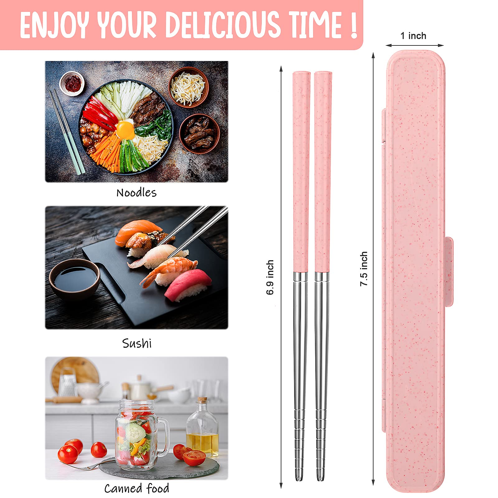 3 Pieces Portable Chopsticks with Case, Reusable Chopsticks Flatware Set, Metal Stainless Steel Travel Chop Sticks with Handle, Japanese Chinese Korean Chopsticks for Bento Box