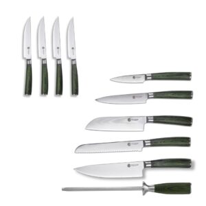 hexclad 10 piece knife set - 4 piece steak knives and 6 piece essential knife set, fine edge, non-serrated, 60 rockwell rating, forest green pakkawood handles