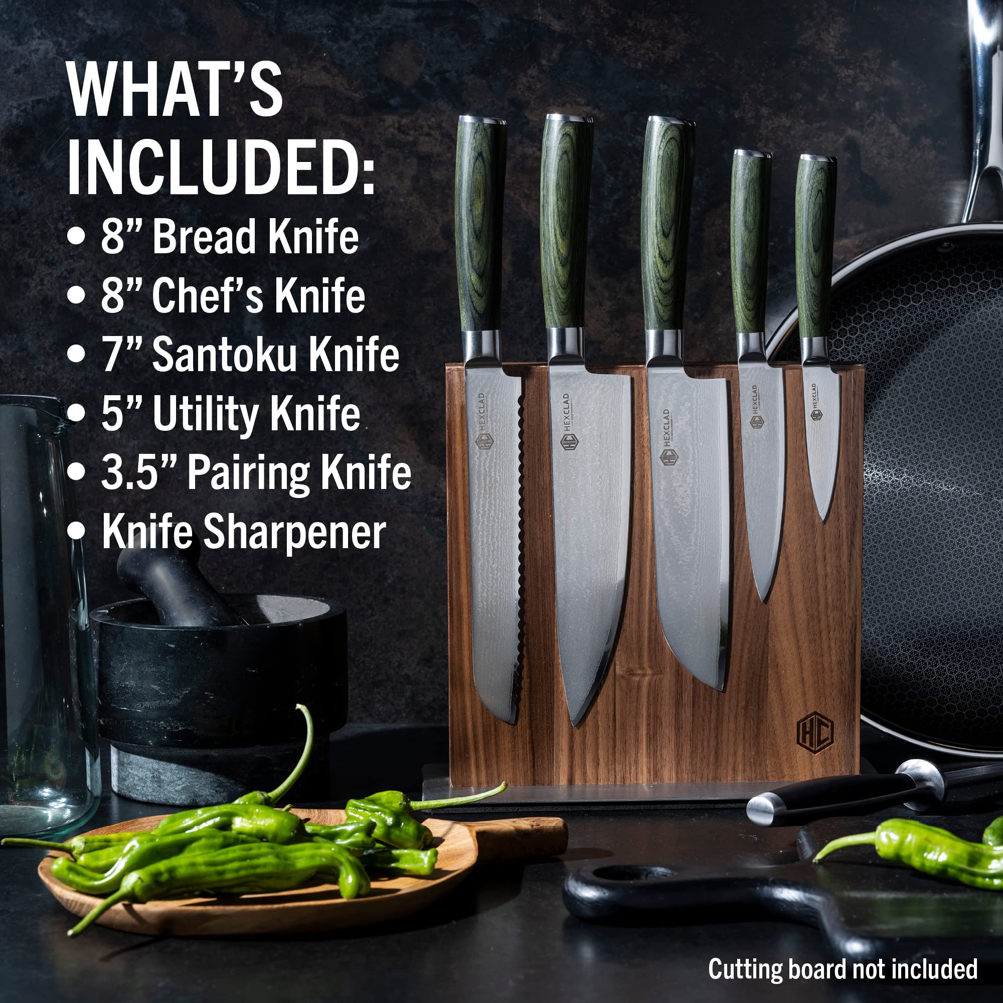 HexClad 10 Piece Knife Set - 4 piece Steak Knives and 6 Piece Essential Knife Set, Fine Edge, Non-Serrated, 60 Rockwell Rating, Forest Green Pakkawood Handles