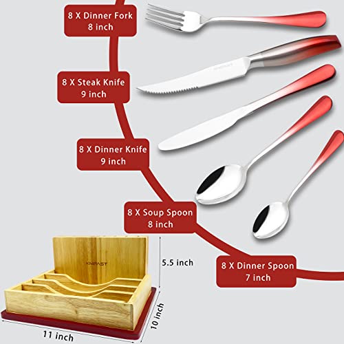 KNIFAST 41-Piece Silverware Set, Stainless Steel Flatware Cutlery Set, Tableware Eating Utensils Include Rubber Wood Block/Steak Knife/Knife/Fork/Spoon, Mirror Polished, Dishwasher Safe (Red)