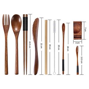 wooden utensils flatware silverware set bamboo utensils travel cutlery set for eating with case, 10 pcs reusable flatware set includes wooden knife, fork, spoon, chopsticks, straws and brush