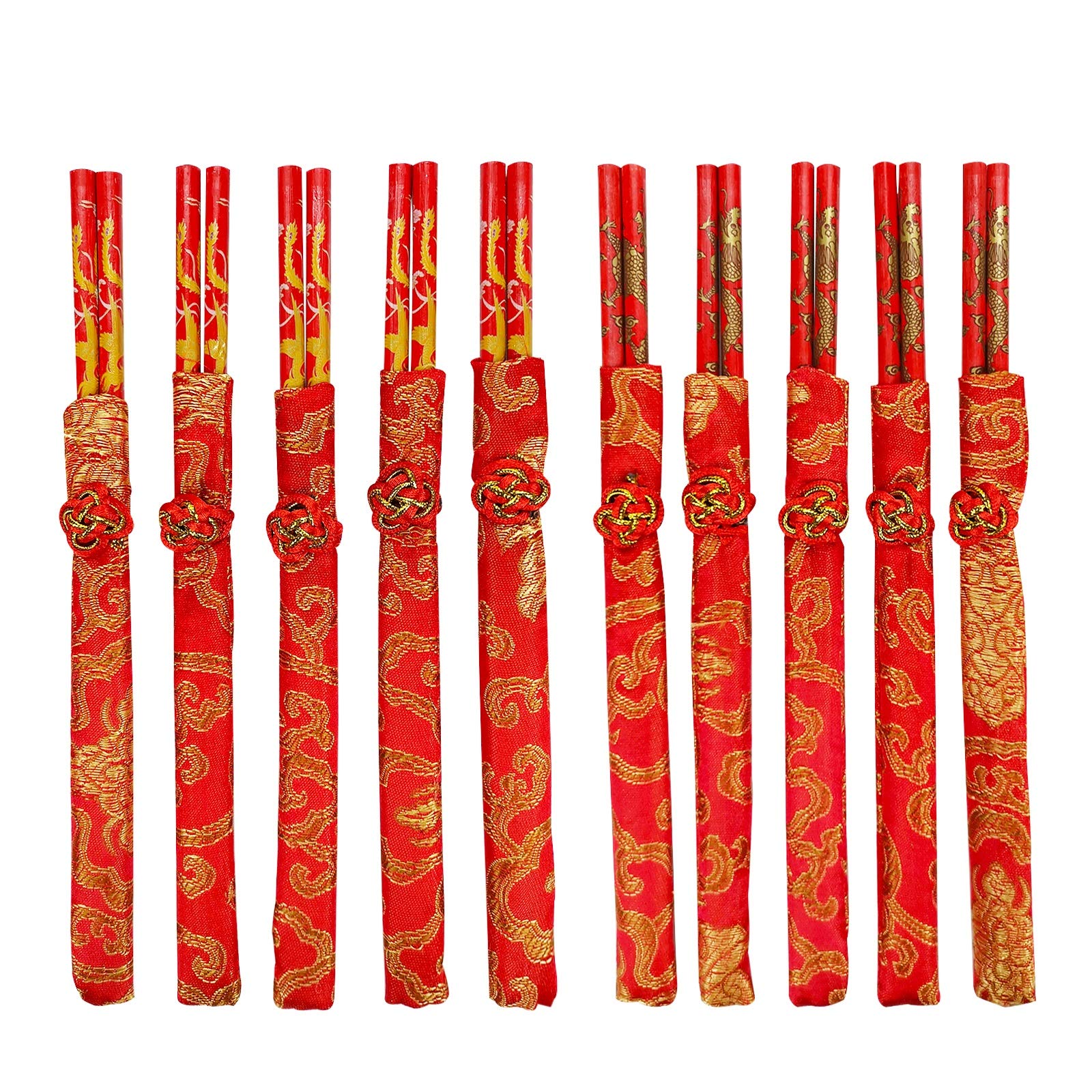 CheeseandU 10Pairs Chinese Knot Red Wood Chopsticks Durable Household Food Stick with Gold Dragon Phoenix Pattern Printed Tableware Chopstick Set Wedding Gift Christmas Gift 2021 New Year Gift