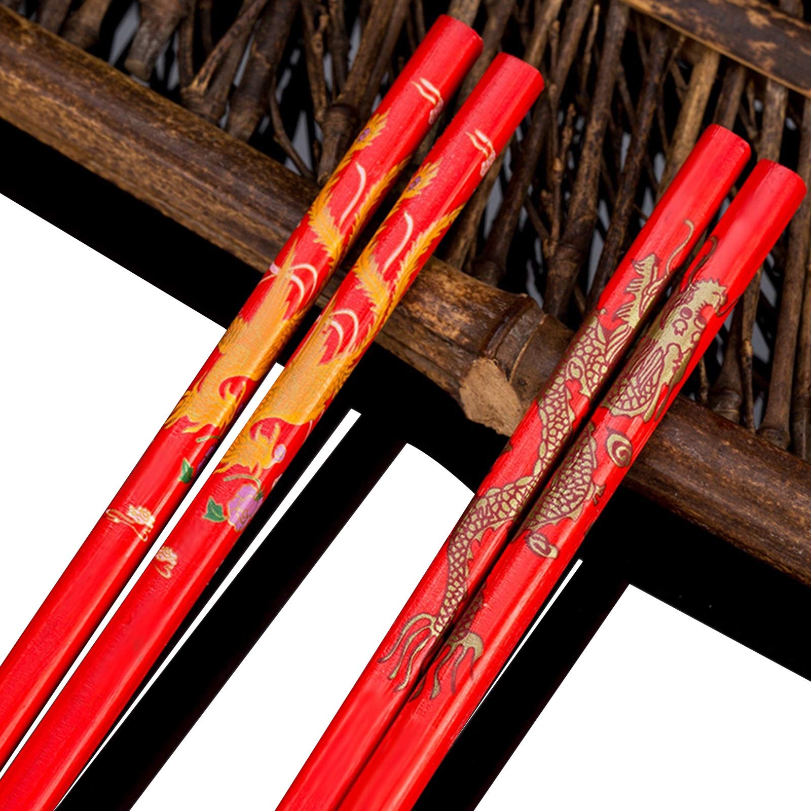 CheeseandU 10Pairs Chinese Knot Red Wood Chopsticks Durable Household Food Stick with Gold Dragon Phoenix Pattern Printed Tableware Chopstick Set Wedding Gift Christmas Gift 2021 New Year Gift