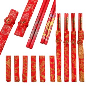 CheeseandU 10Pairs Chinese Knot Red Wood Chopsticks Durable Household Food Stick with Gold Dragon Phoenix Pattern Printed Tableware Chopstick Set Wedding Gift Christmas Gift 2021 New Year Gift