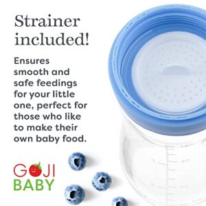 Goji Baby - 4 oz Silicone Baby Food Dispensing Spoon - 4 Pack - Great for 4+ Month Infants - Includes Stopper - Easy to Use and Mess-Free - Precise Food-Release Feeder - Great for Travel (Blue)