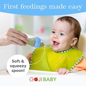 Goji Baby - 4 oz Silicone Baby Food Dispensing Spoon - 4 Pack - Great for 4+ Month Infants - Includes Stopper - Easy to Use and Mess-Free - Precise Food-Release Feeder - Great for Travel (Blue)