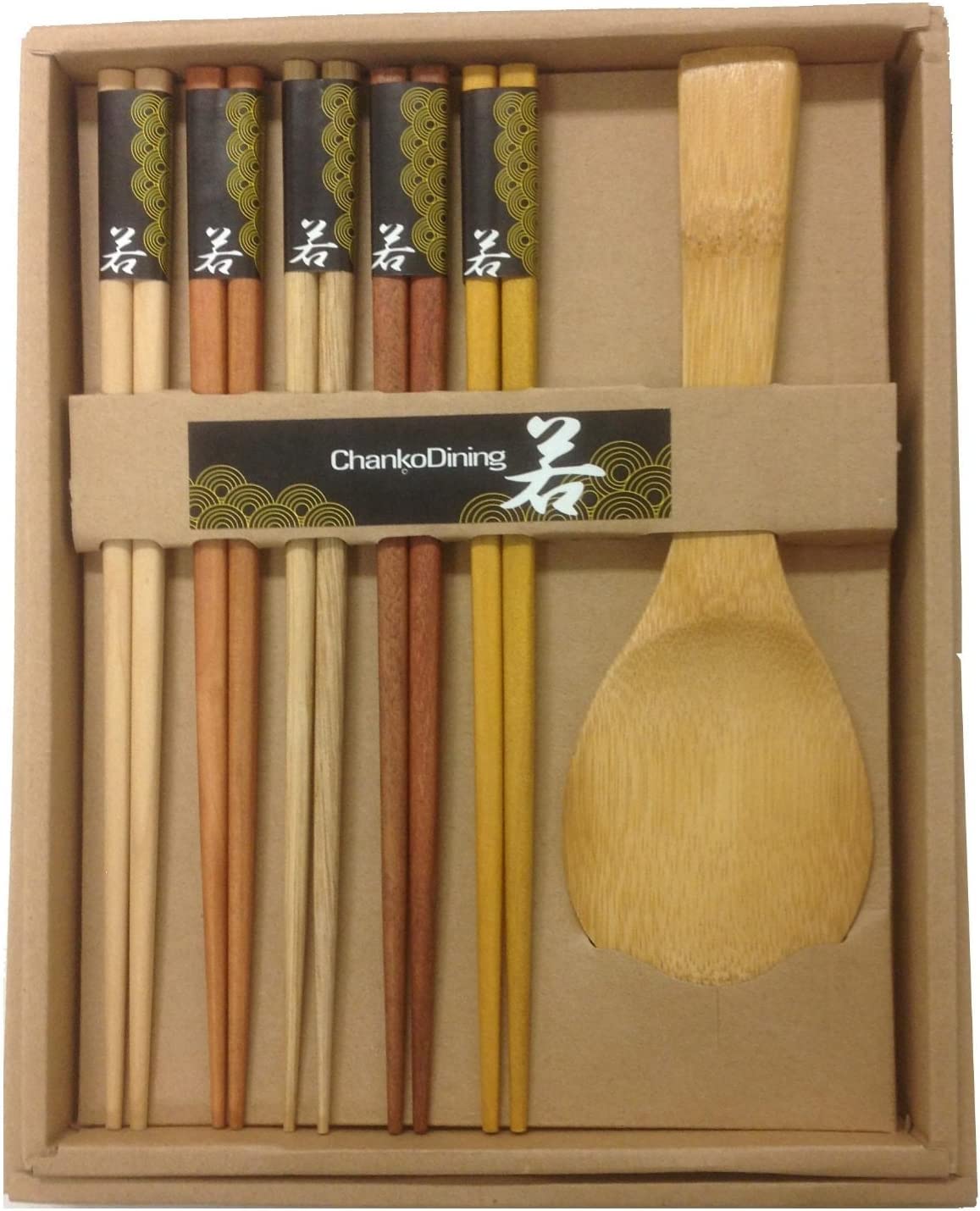 JapanBargain 2660, Wooden Chopsticks with Rice Paddle Scoop Gift Boxed Set Reusable Japanese Chinese Korean Bamboo Chop Sticks Dishwasher Safe