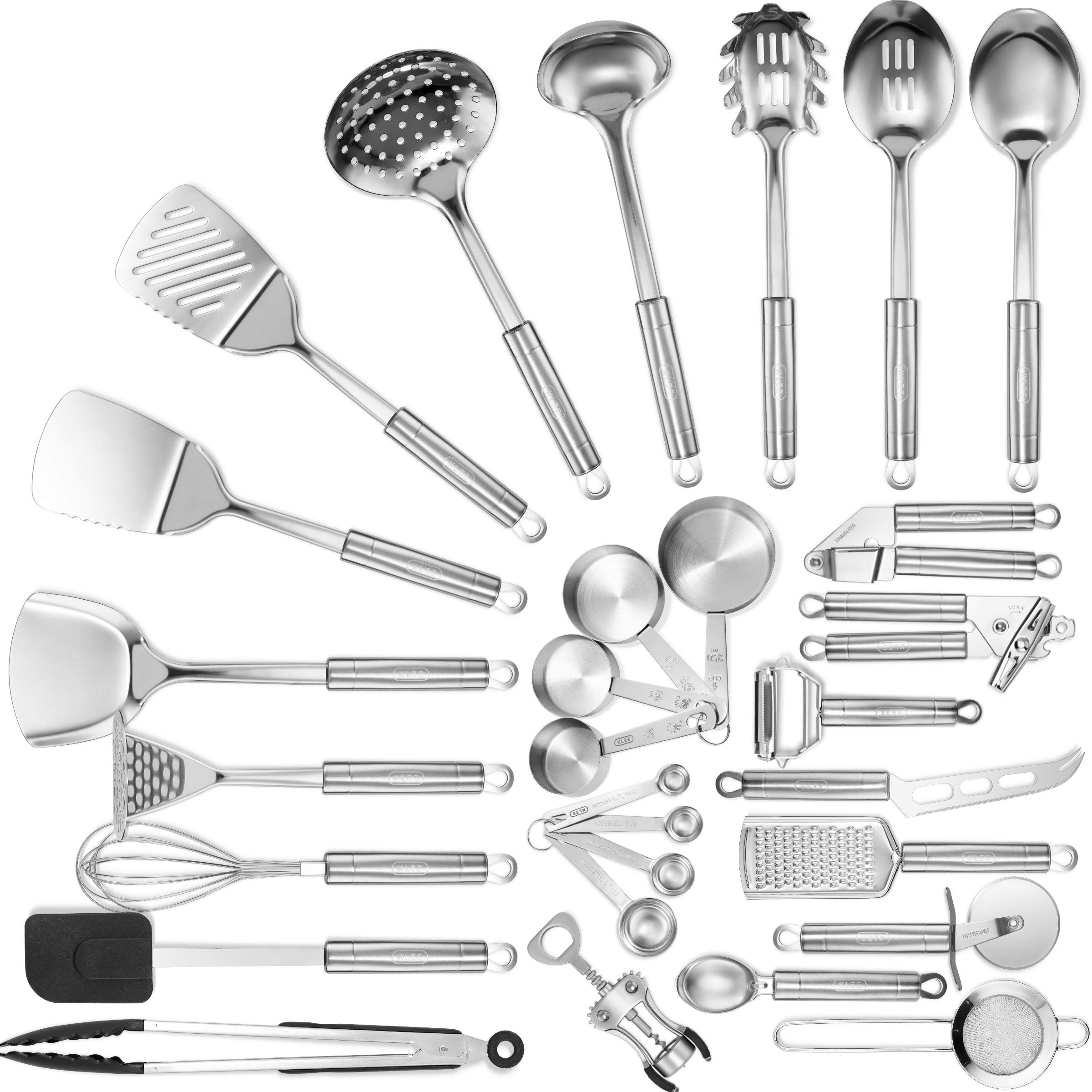 Klee Stainless Steel Complete Kitchen Utensil Set - 29 Pieces Heat Resistant, Plastic Free, Non-Toxic, Food Safe Kitchen Essentials for Home, School, Business and Camping Use